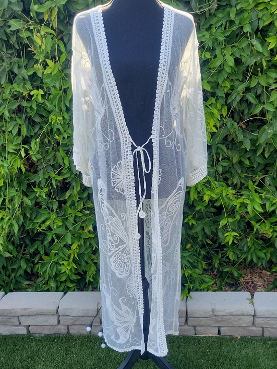 Rebellion Other - Boho White Butterfly Embroidered With Lace Trim Kimono Swim Cover Up